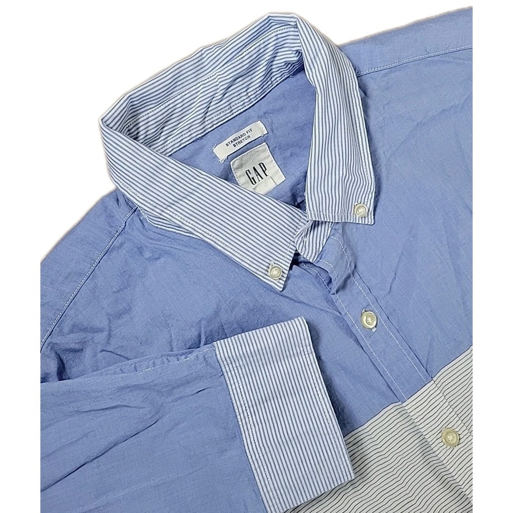 Gap Shirt‎ Mens XLT Blue White Striped COLORBLOCK LS Button Down Standard Fit